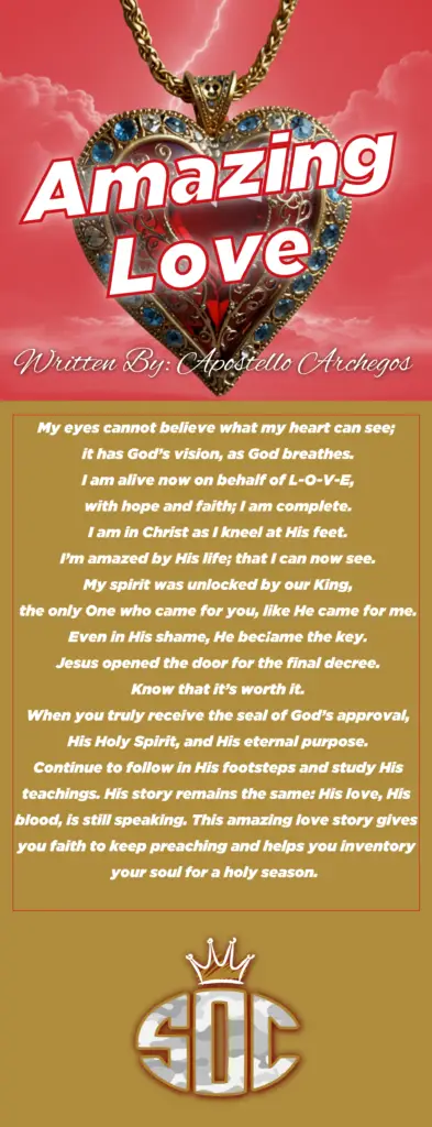 An artistic Christian poem titled "Amazing Love," featuring a heart-shaped gold necklace with blue gemstones, symbolizing God's love. The poem expresses faith, redemption, and devotion to Jesus Christ.