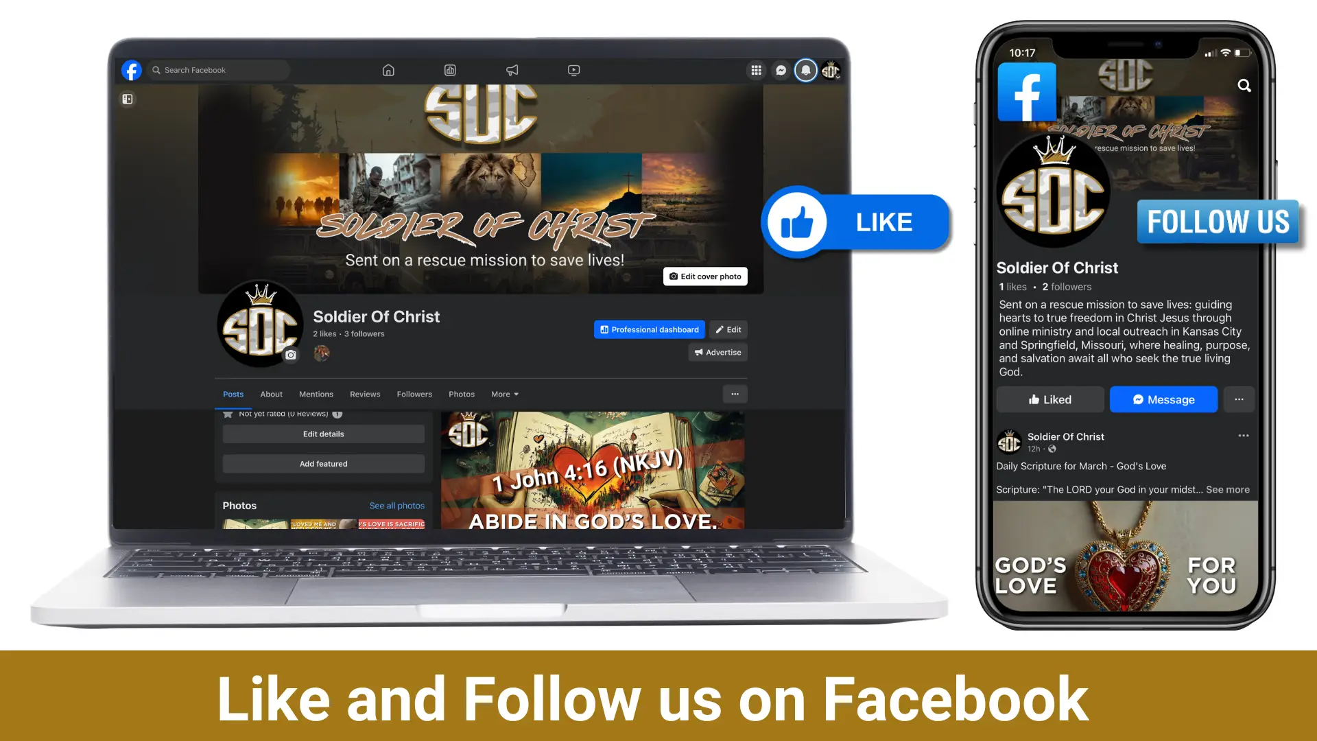 A laptop and smartphone displaying the Soldier Of Christ Facebook page, encouraging users to like and follow for faith-based content and community engagement.