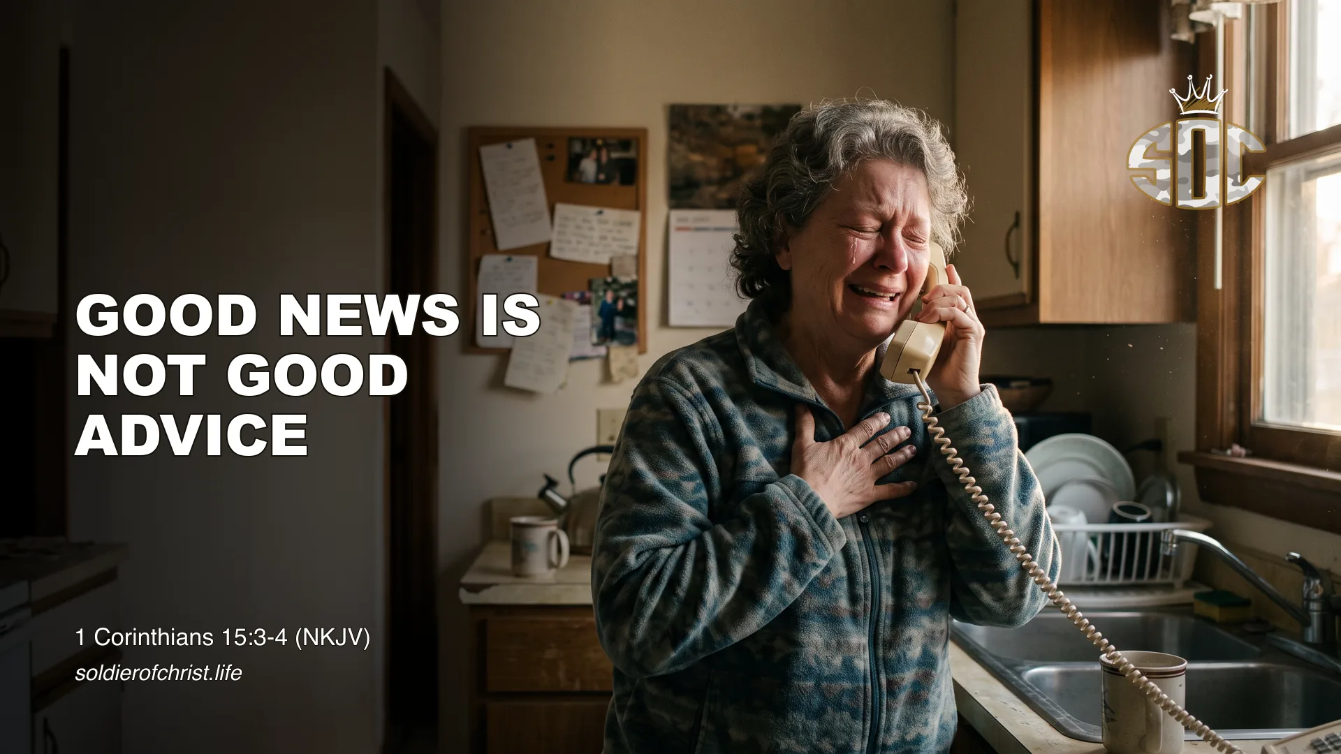 A woman weeps with relief on the phone in her kitchen