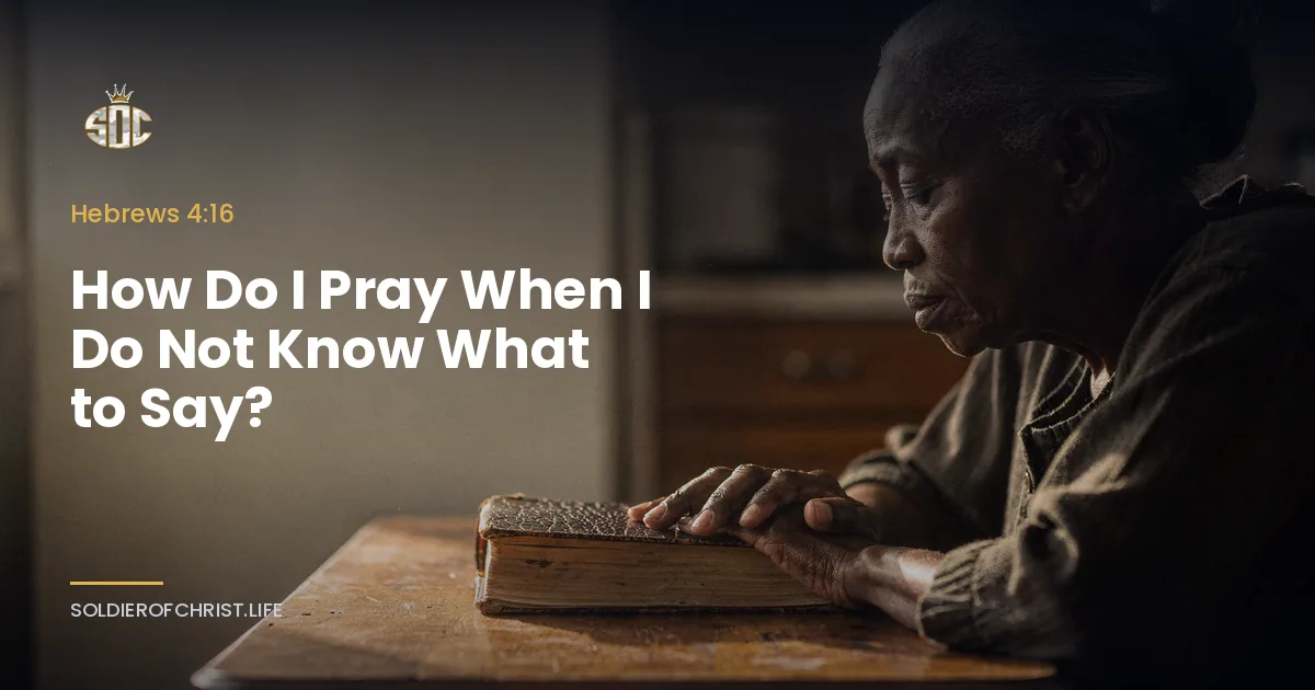 An elderly woman in profile at a wooden kitchen table in morning light, her hand resting on a worn Bible, eyes lowered in prayer
