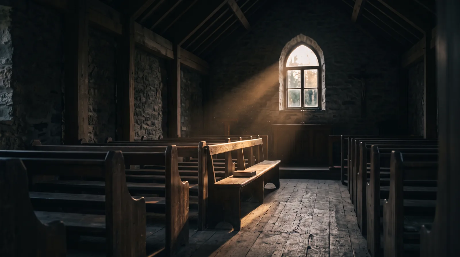 An empty stone chapel before sunrise, with a single shaft of golden light falling through an arched window onto a wooden pew and a closed Bible