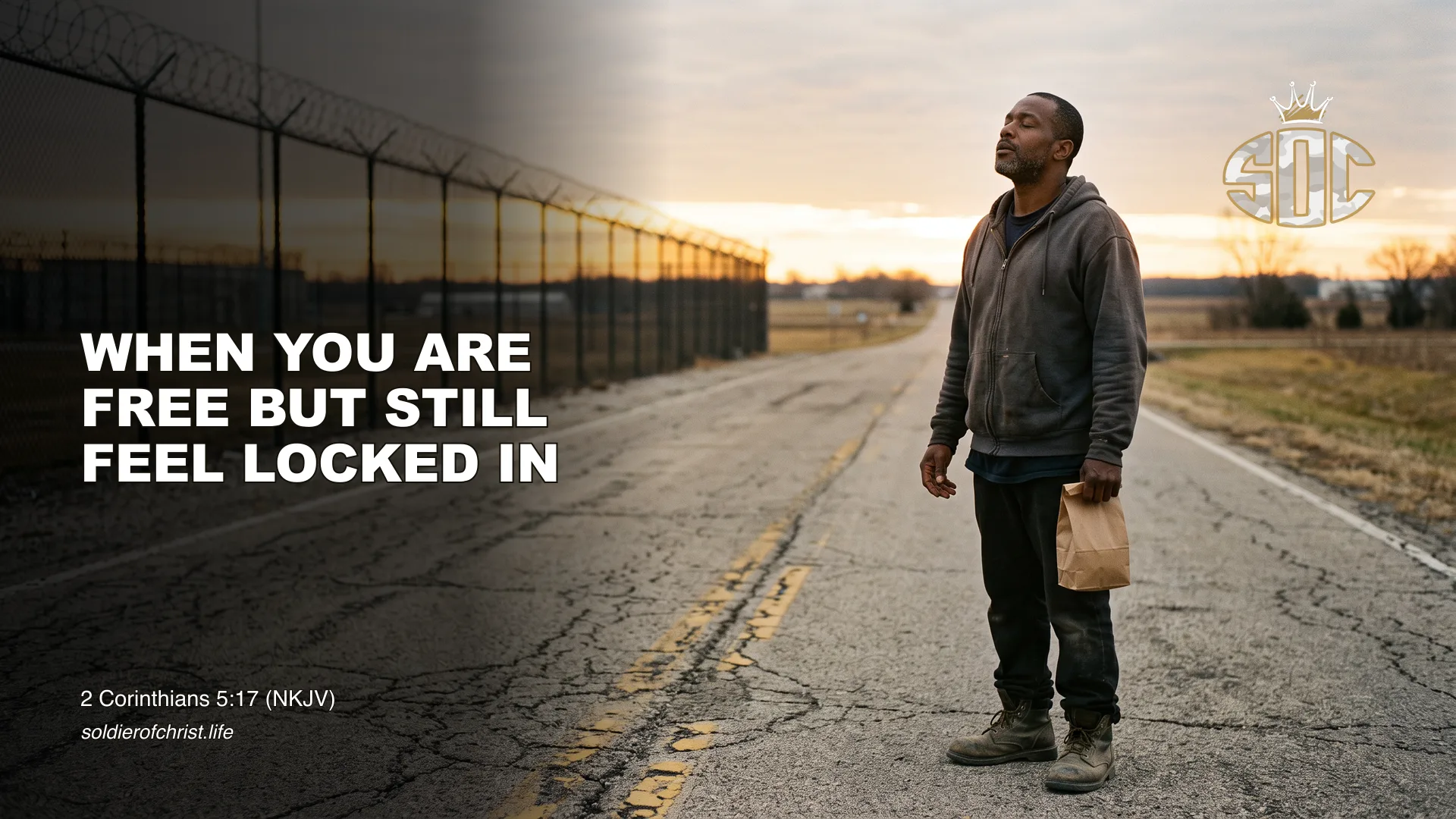 A man stands on an empty cracked road at dawn beside a razor wire fence, eyes closed, holding a paper bag