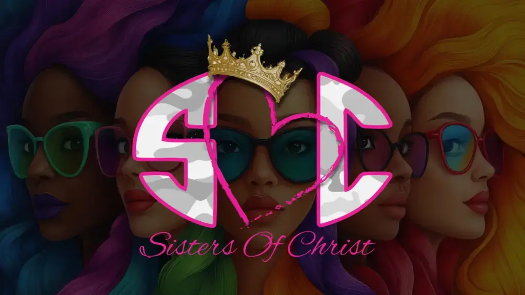 Sisters of Christ logo featuring diverse women with vibrant hair colors and sunglasses, centered around a crowned heart and the letters SOC, representing Christian women empowerment, unity in faith, and identity in Christ.