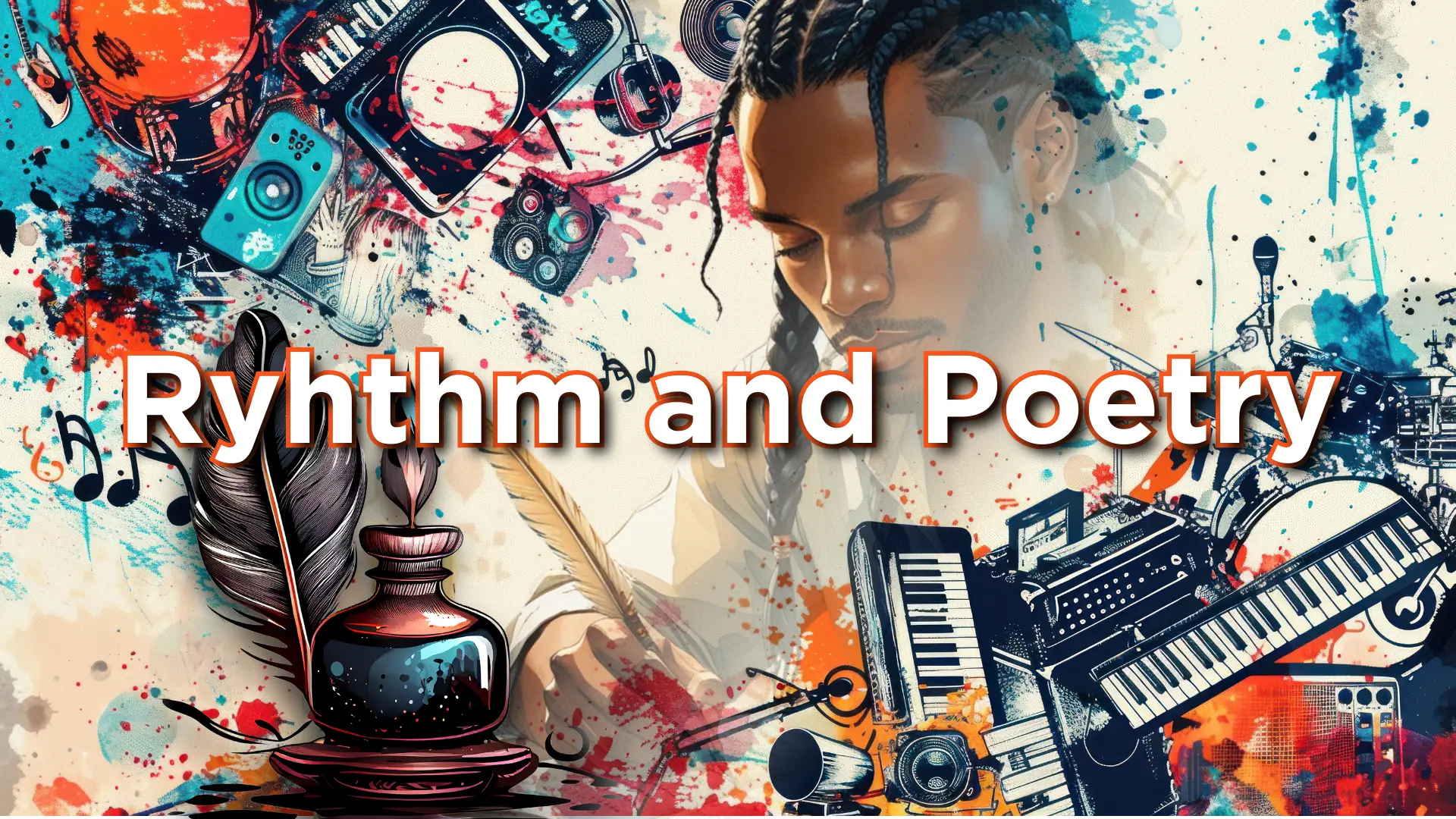 A creative and vibrant digital artwork featuring a man with braids writing with a quill, surrounded by musical instruments, ink, and abstract splashes of color. The words "Rhythm and Poetry" are prominently displayed, symbolizing the fusion of music and poetic expression rooted in Psalms, Proverbs, and Gospel Hip-Hop.