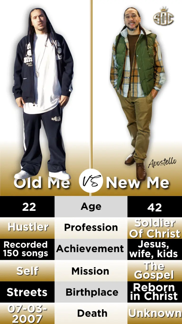 Side-by-side image of Apostello Archegos showing transformation from a 22-year-old hustler to a 42-year-old Soldier of Christ, highlighting life change through Jesus