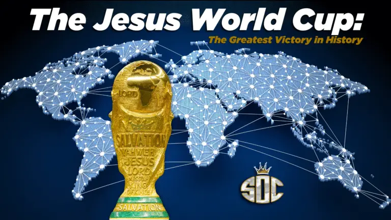 The Jesus World Cup: A gold salvation trophy symbolizing victory in Christ over a world map background, representing global unity in Jesus through faith.
