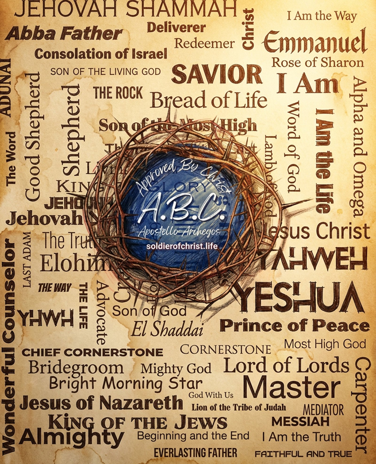 The Names of God visual for a Christian poetry devotional: titles of Jesus and names of God.