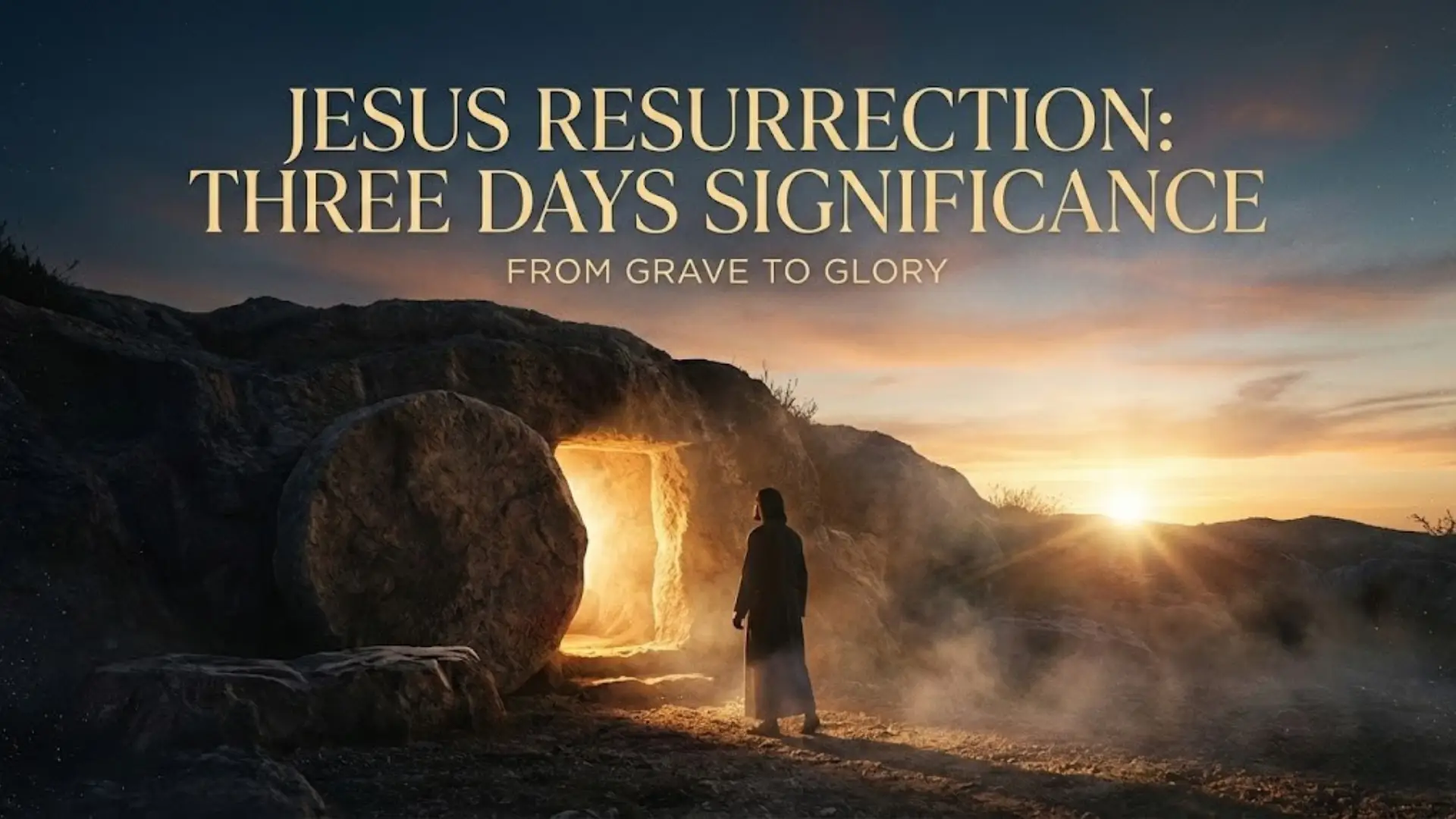 Jesus standing before an empty tomb at sunrise, illustrating the theological significance of the three-day resurrection.